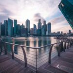 Breathtaking view of Singapore's modern skyline reflecting on the water at twilight.